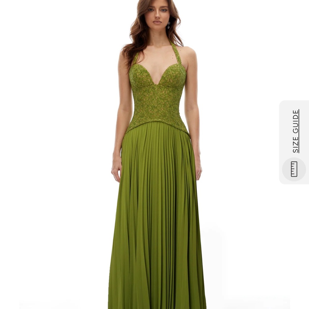 Olive Green Strapless Lace Bodice Pleated Evening Dress